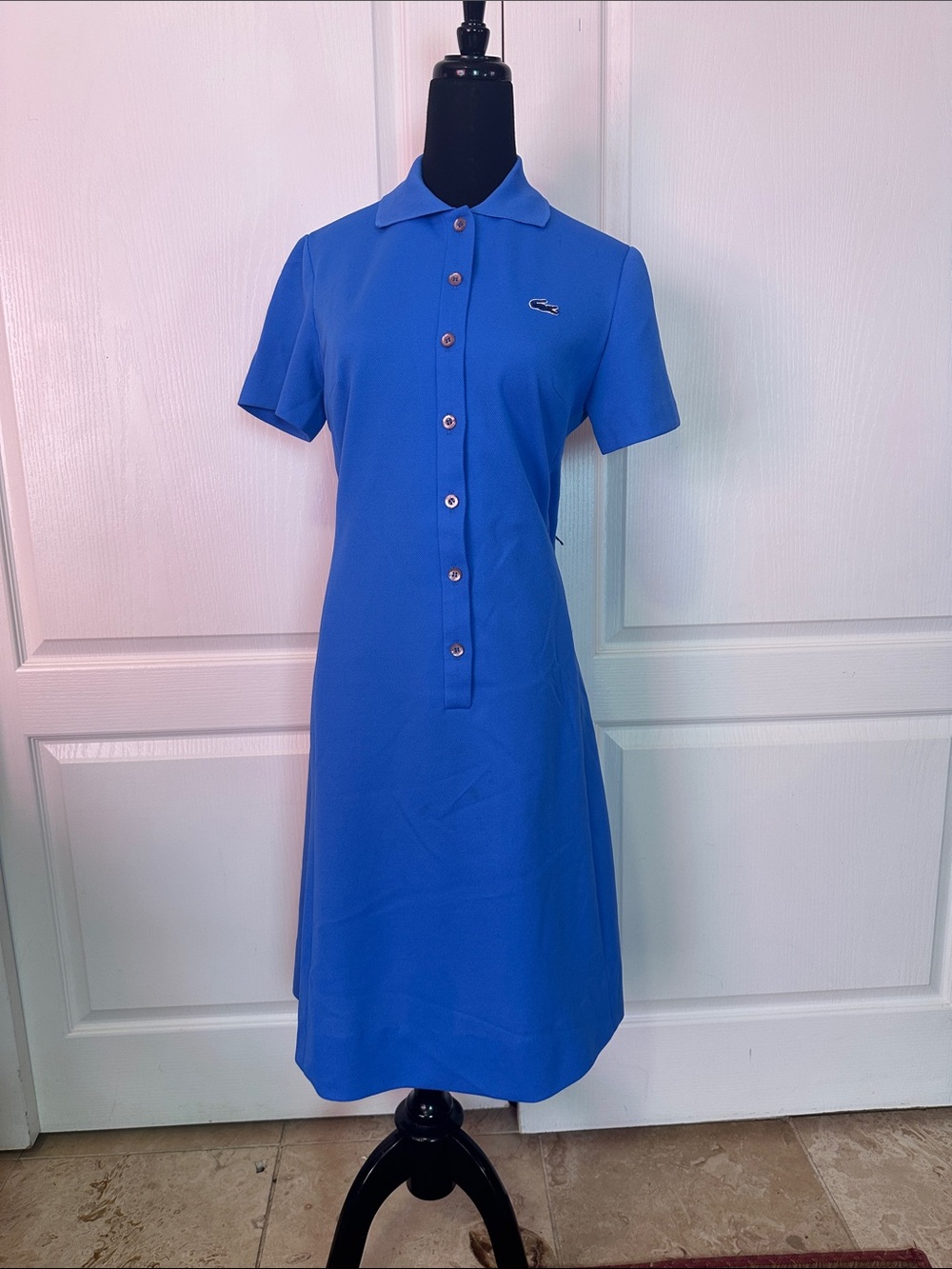 VTG DAVID CRYSTAL Lacoste Royal Blue HALF Button-Front Polo Midi Dress